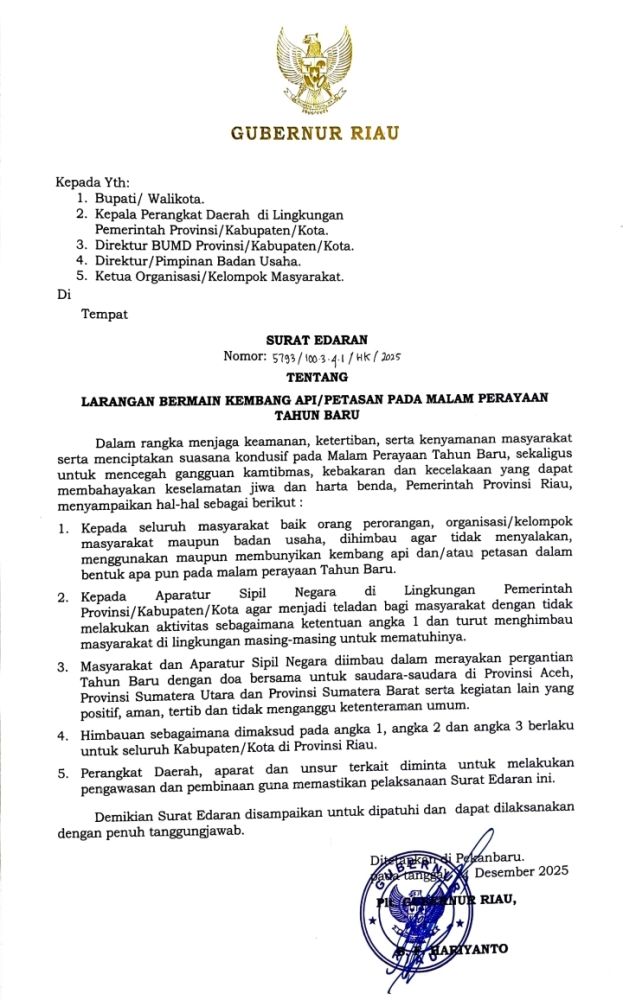 Pemprov Riau Imbau Malam Tahun Baru 2026 Tanpa Kembang Api