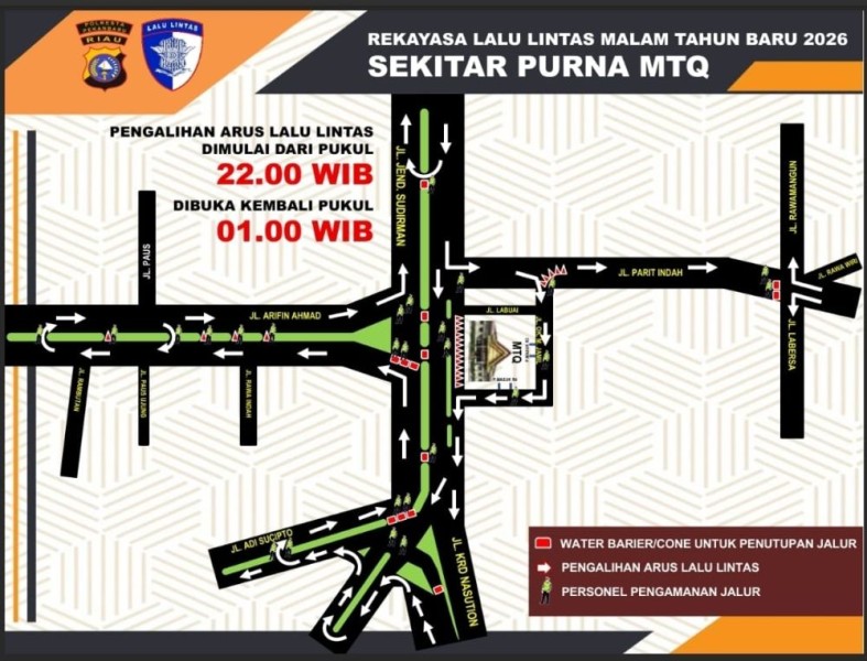 Malam Tahun Baru 2026, Ada Penutupan dan Pengalihan Arus Jalan di Pekanbaru