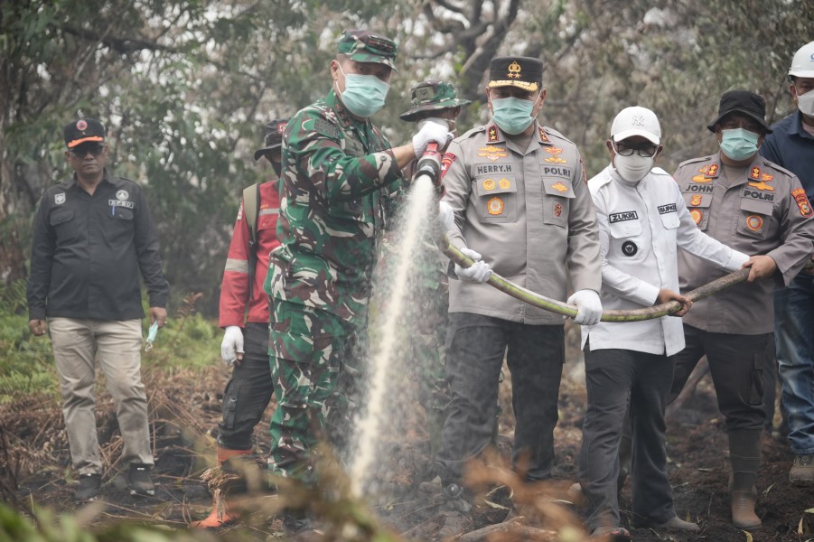 Kapolda Riau dan Pangdam Tuanku Tambusai Turun Langsung Padamkan Karhutla di Pelalawan