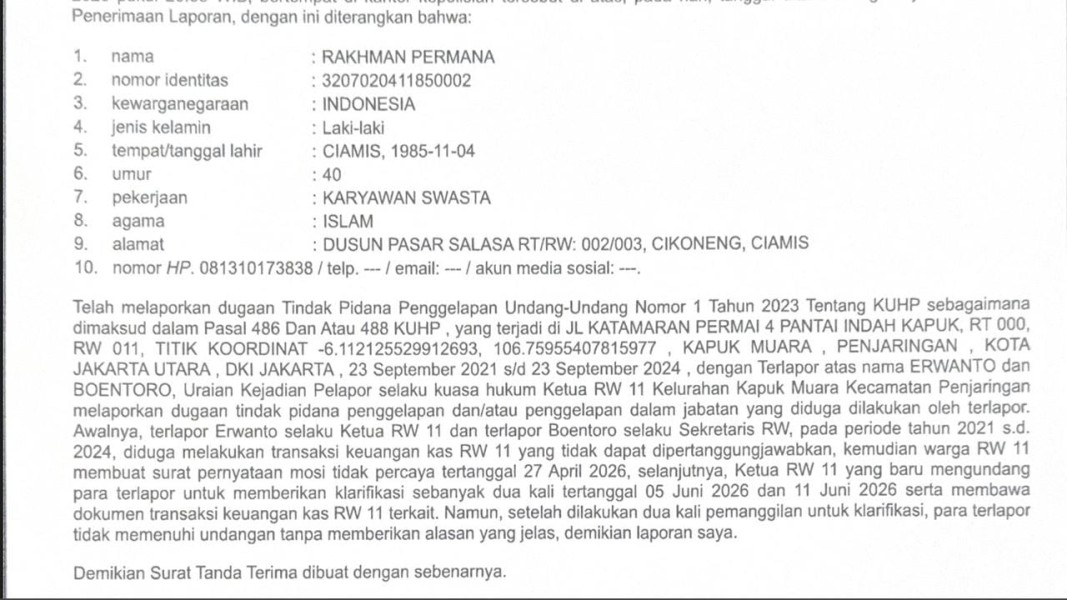 Gelapkan Uang Kas Rp 11 Miliar, Mantan Ketua dan Sekretaris RW Dilaporkan ke Polisi