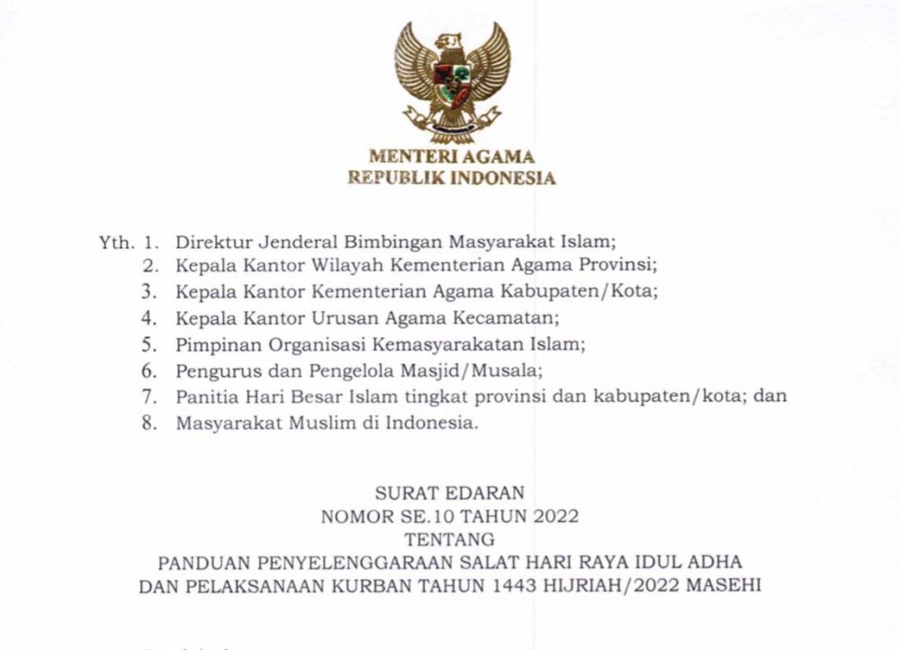 Ini Penjelasan Kemenag Riau Terkait Surat Edaran Pelaksanaan Salat Idul Adha dan Kurban 1443 H/2022