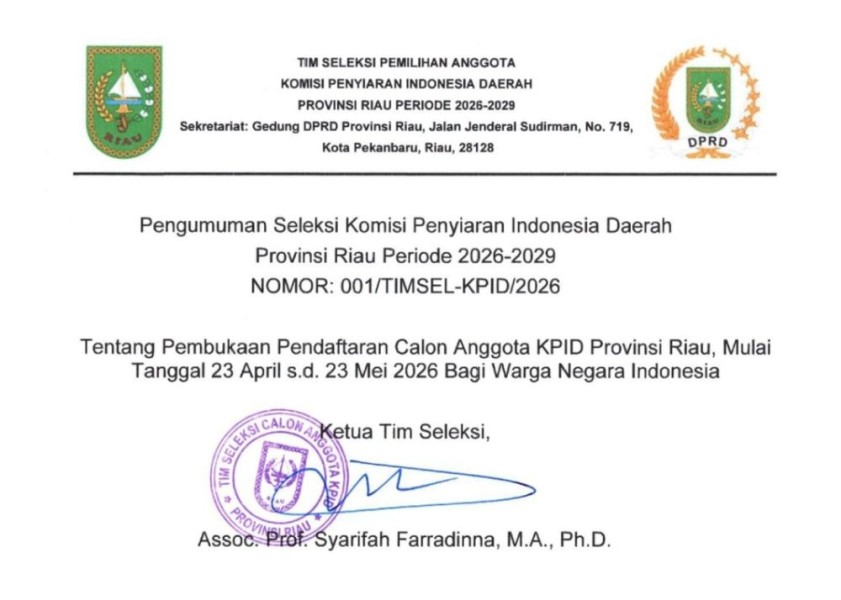 Pendaftaran Anggota KPID Riau 2026–2029 Dibuka, Ini Syarat Lengkapnya
