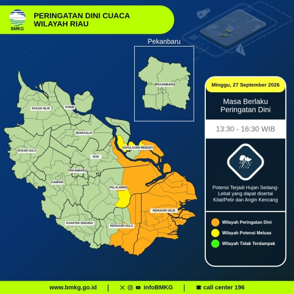 Peringatan Dini BMKG, Sejumlah Wilayah Riau Berpotensi Hujan Lebat hingga Sore
